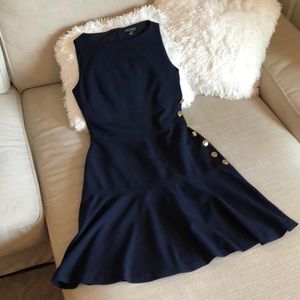 Navy work dress with gold button detail